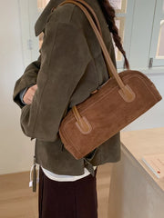 Suede Bowling Bag for Women, Retro Underarm Shoulder Handbag, Versatile Vintage Style Purse