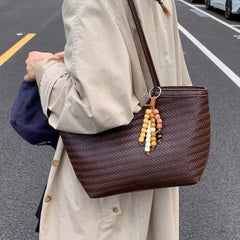 Large Capacity Woven Leather Tote Bag for Women, French Vintage Style Shoulder Commuter Handbag