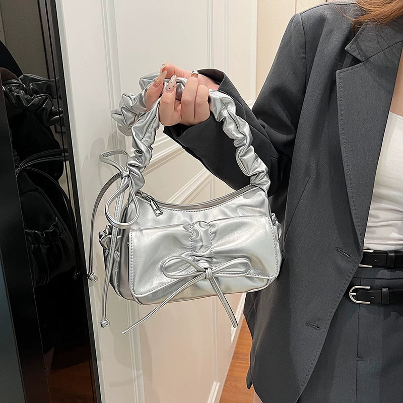 Silver Baguette Shoulder Bag for Women, Small Crossbody Handbag