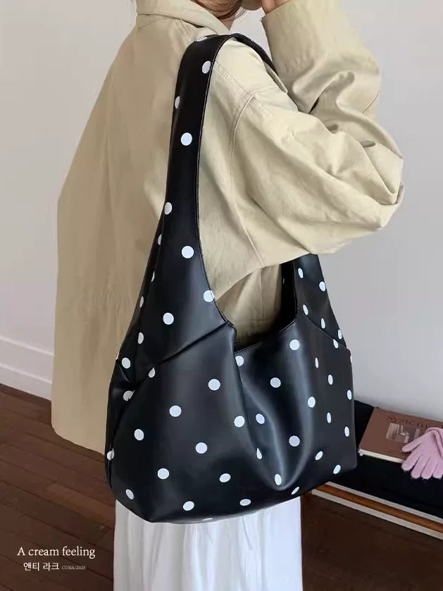Large Capacity Polka Dot Tote Bag for Women, Japanese Style Shoulder Handbag for Commuting