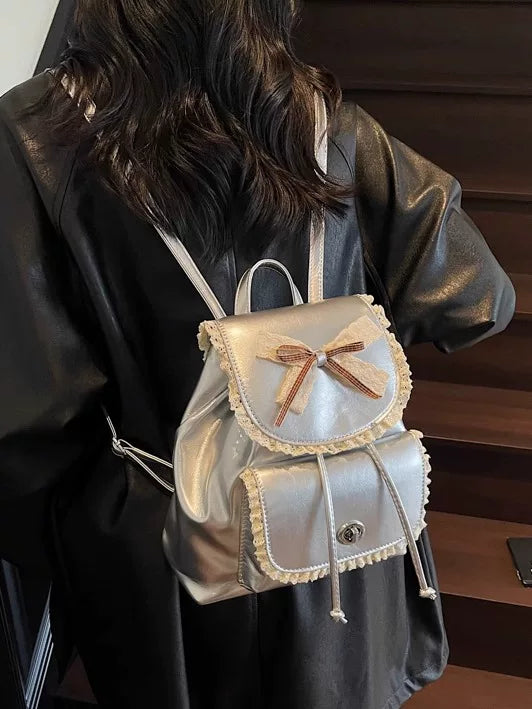 Silver Backpack for Women with Bow Accent, Fashion School Bag