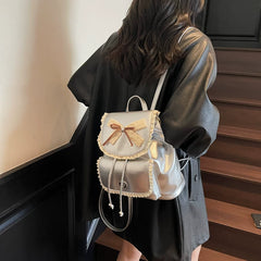 Silver Backpack for Women with Bow Accent, Fashion School Bag