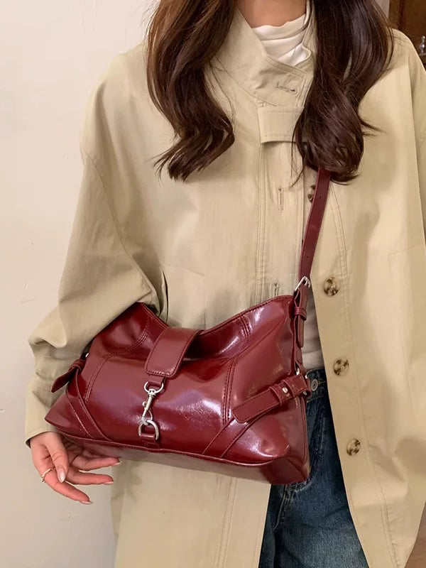 Oil Wax Leather Shoulder Tote Bag for Women, Motorcycle Style