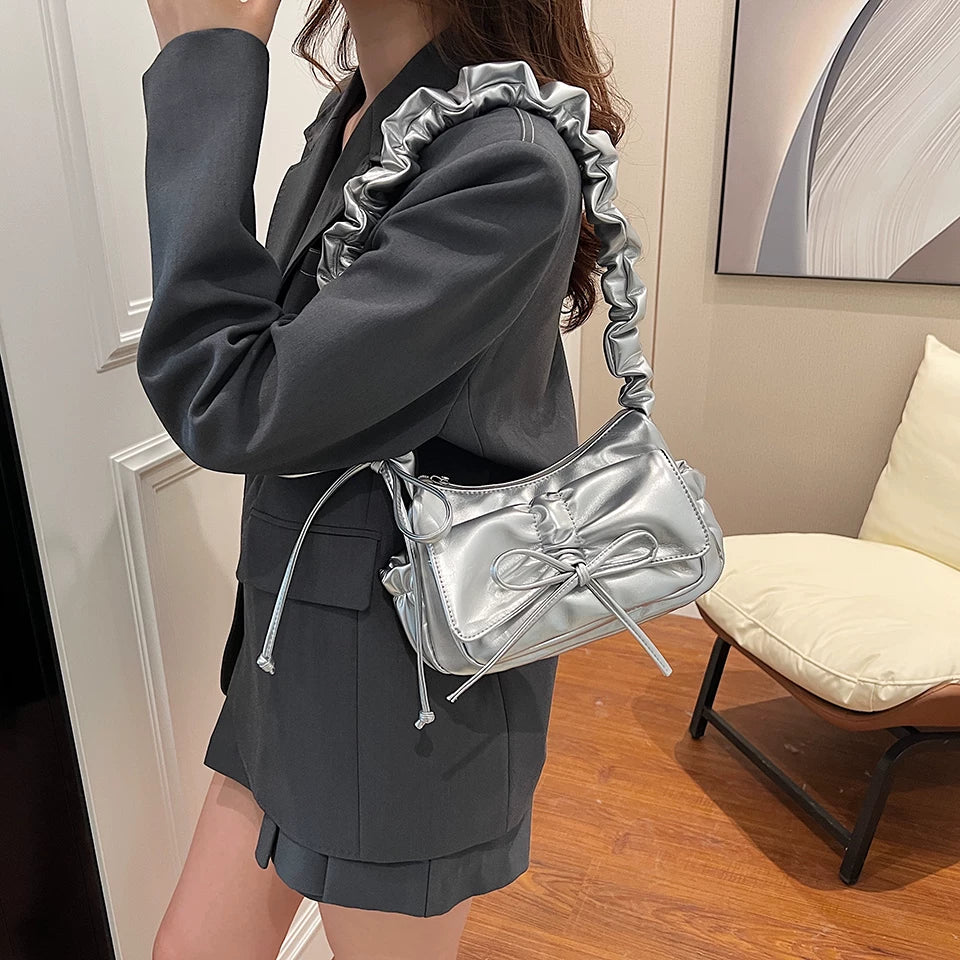 Silver Baguette Shoulder Bag for Women, Small Crossbody Handbag