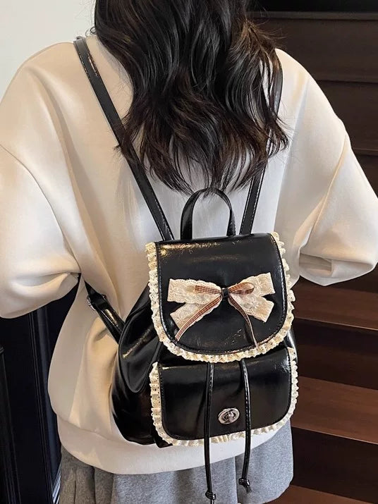 Silver Backpack for Women with Bow Accent, Fashion School Bag