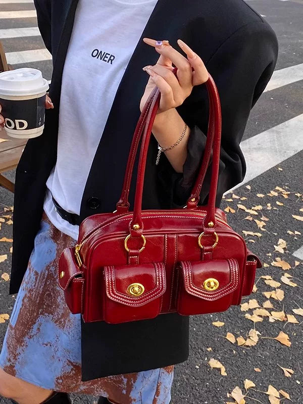 Multi-Pocket Boston Bag for Women, Shoulder Handbag with Multiple Compartments