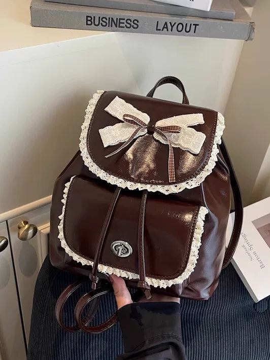 Silver Backpack for Women with Bow Accent, Fashion School Bag