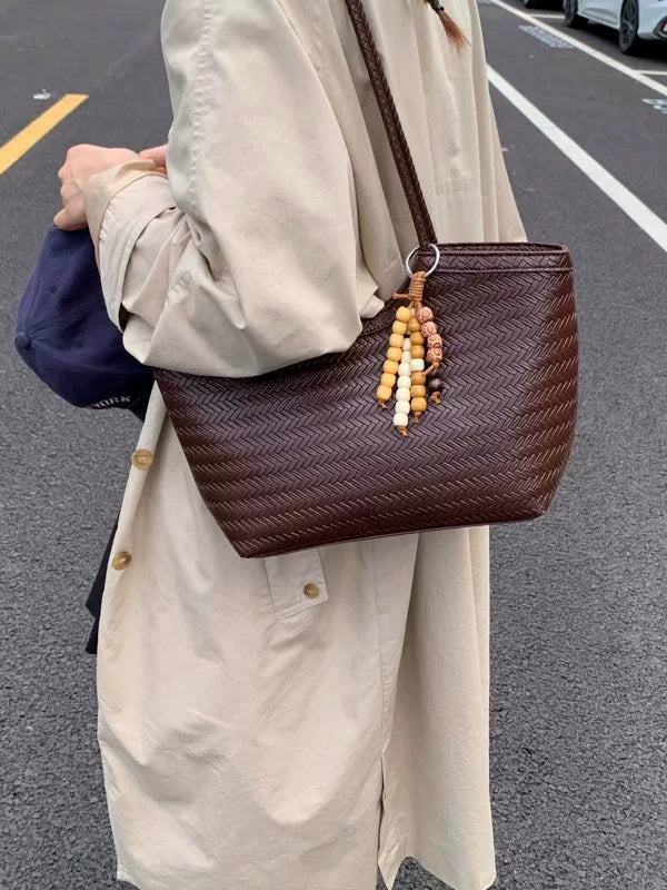 Large Capacity Woven Leather Tote Bag for Women, French Vintage Style Shoulder Commuter Handbag