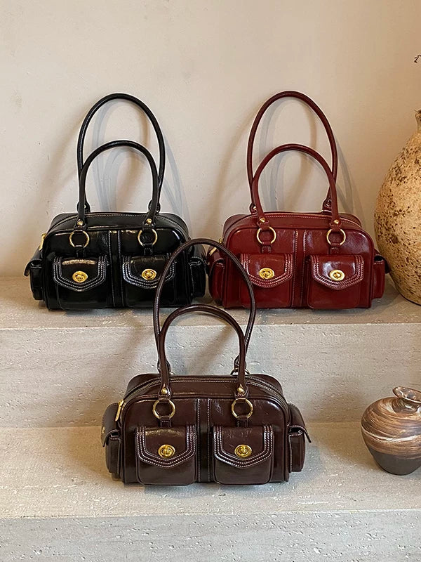 Multi-Pocket Boston Bag for Women, Shoulder Handbag with Multiple Compartments