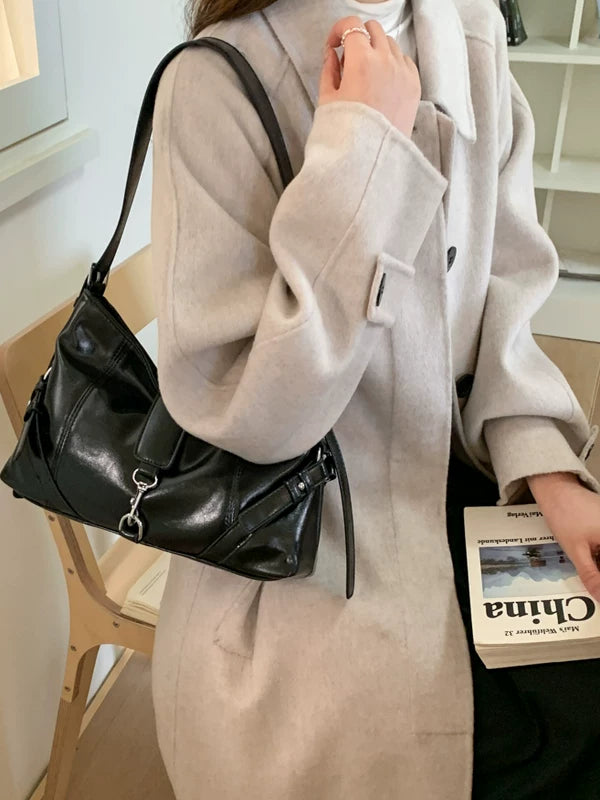 Oil Wax Leather Shoulder Tote Bag for Women, Motorcycle Style