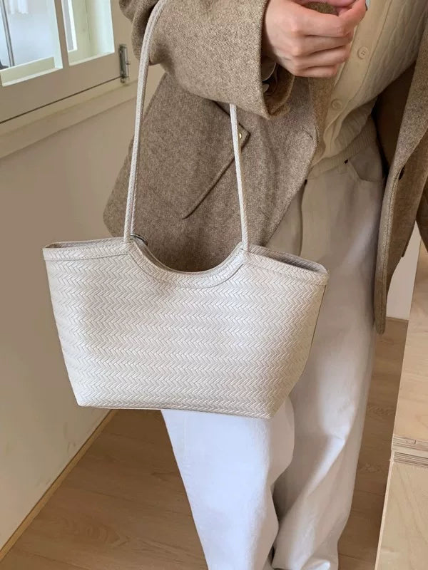 Large Capacity Woven Leather Tote Bag for Women, French Vintage Style Shoulder Commuter Handbag
