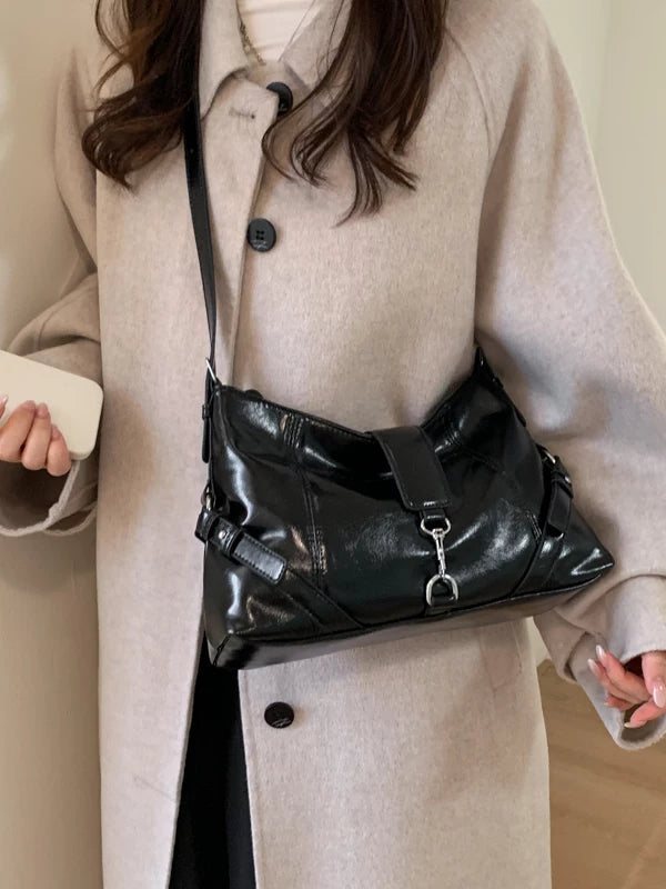 Oil Wax Leather Shoulder Tote Bag for Women, Motorcycle Style