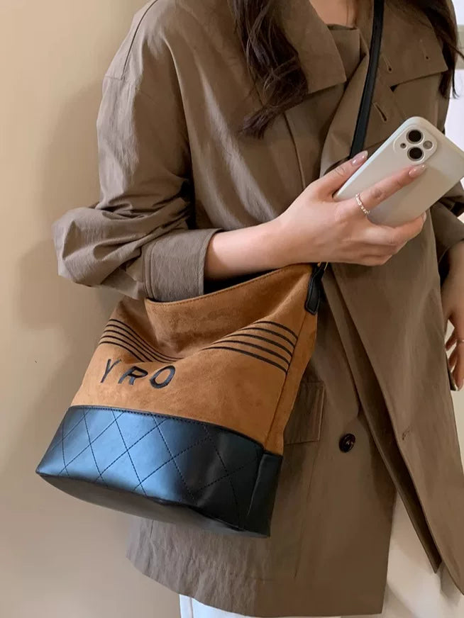 Large Capacity Suede Bucket Bag for Women, Single Shoulder Crossbody Work Commuter Handbag