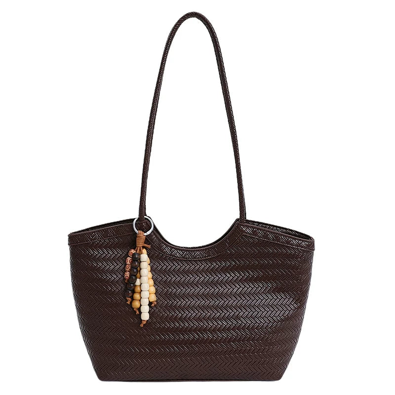 Large Capacity Woven Leather Tote Bag for Women, French Vintage Style Shoulder Commuter Handbag