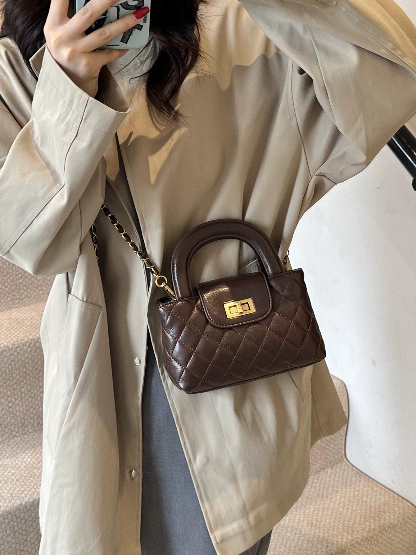 Red Diamond Quilted Small Square Crossbody Bag for Women, Casual Shoulder Handbag