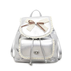 Silver Backpack for Women with Bow Accent, Fashion School Bag
