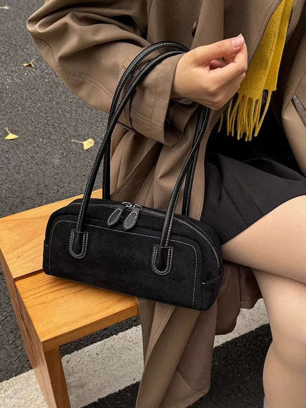 Suede Bowling Bag for Women, Retro Underarm Shoulder Handbag, Versatile Vintage Style Purse