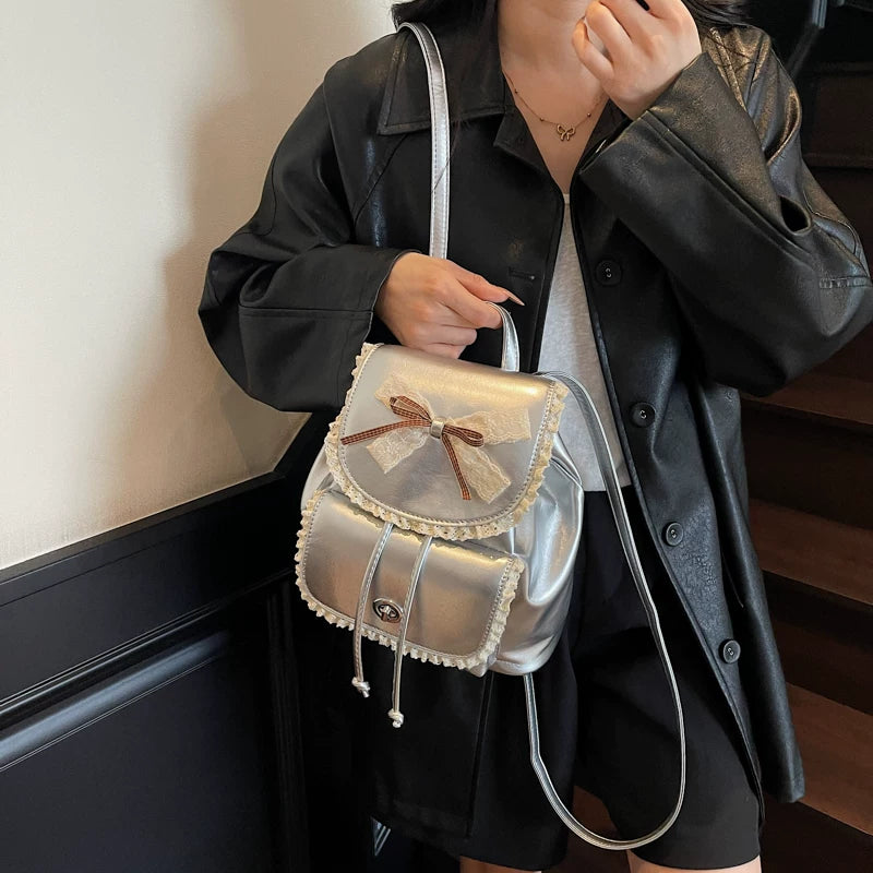 Silver Backpack for Women with Bow Accent, Fashion School Bag