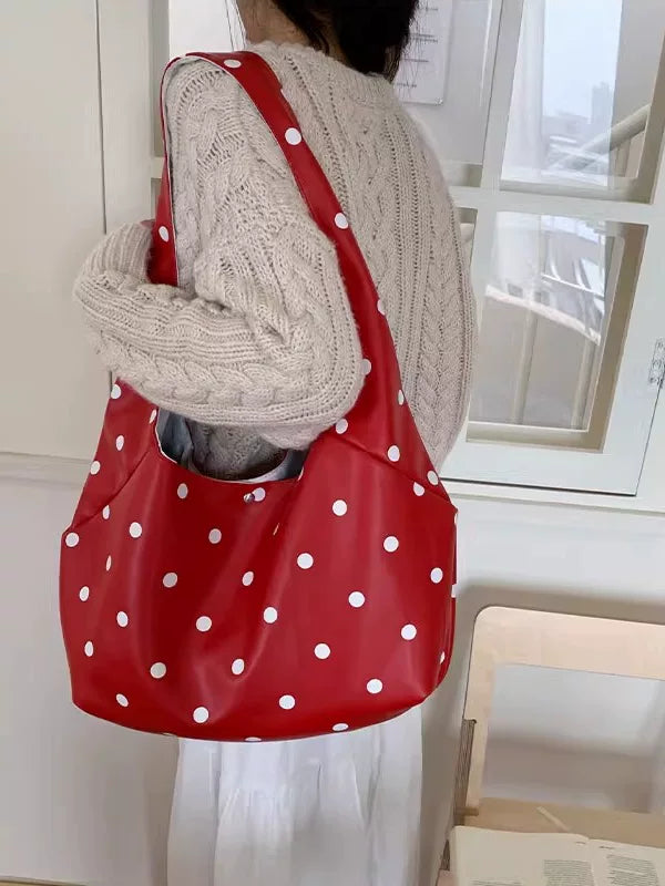 Large Capacity Polka Dot Tote Bag for Women, Japanese Style Shoulder Handbag for Commuting