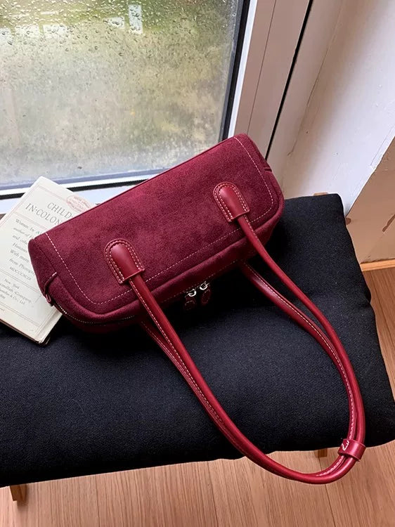 Suede Bowling Bag for Women, Retro Underarm Shoulder Handbag, Versatile Vintage Style Purse