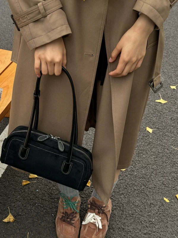 Suede Bowling Bag for Women, Retro Underarm Shoulder Handbag, Versatile Vintage Style Purse