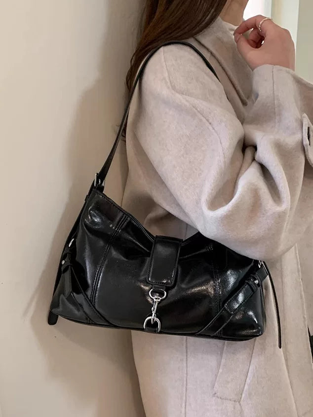 Oil Wax Leather Shoulder Tote Bag for Women, Motorcycle Style