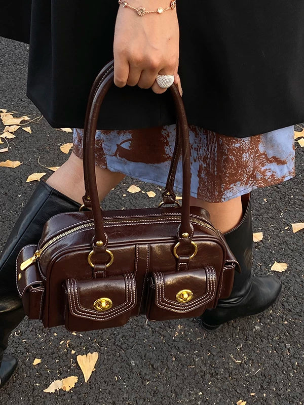 Multi-Pocket Boston Bag for Women, Shoulder Handbag with Multiple Compartments