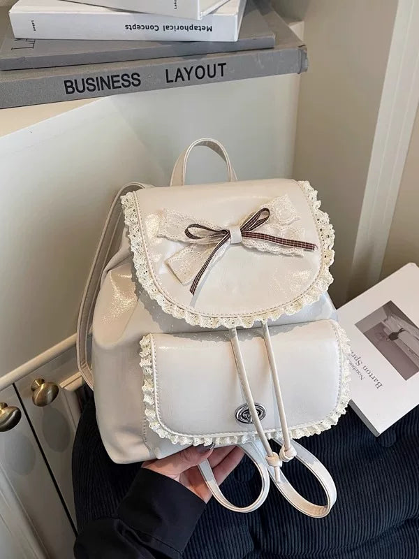 Silver Backpack for Women with Bow Accent, Fashion School Bag