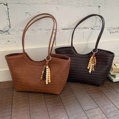 Large Capacity Woven Leather Tote Bag for Women, French Vintage Style Shoulder Commuter Handbag