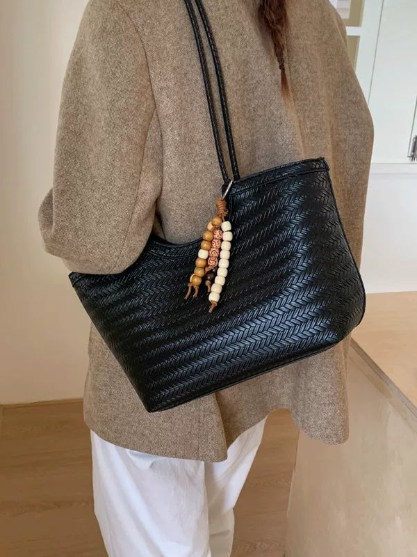 Large Capacity Woven Leather Tote Bag for Women, French Vintage Style Shoulder Commuter Handbag