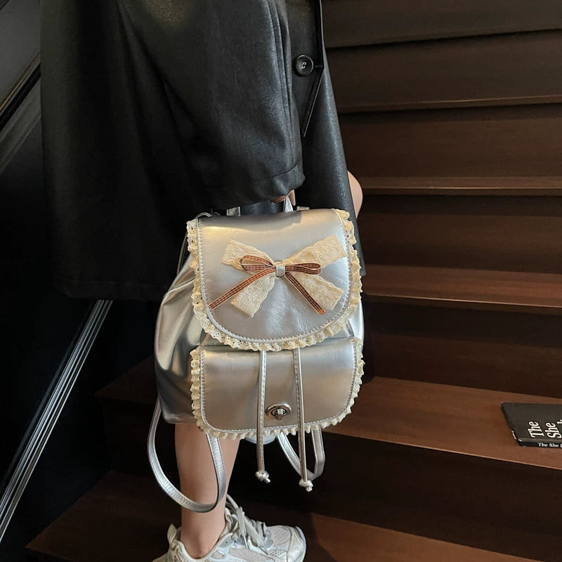 Silver Backpack for Women with Bow Accent, Fashion School Bag