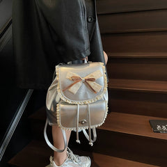 Silver Backpack for Women with Bow Accent, Fashion School Bag